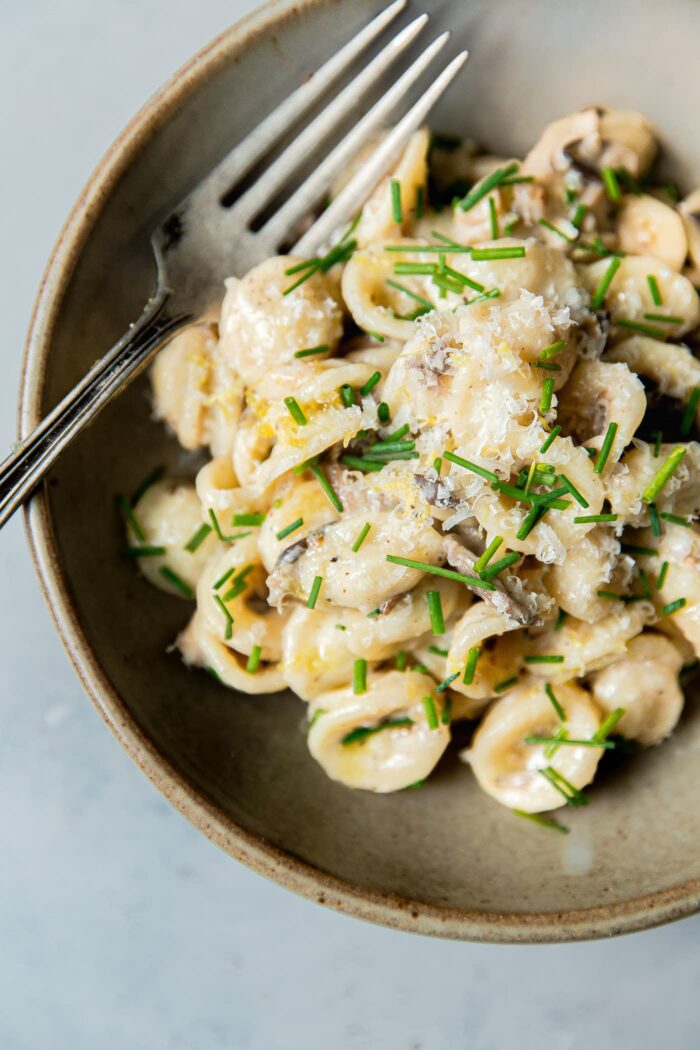 Creamy Mushroom Pasta in Ceramic Bowl