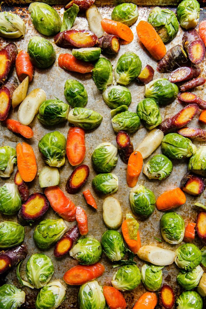 Brussels sprouts and Tricolor Carrots on Sheet Pan