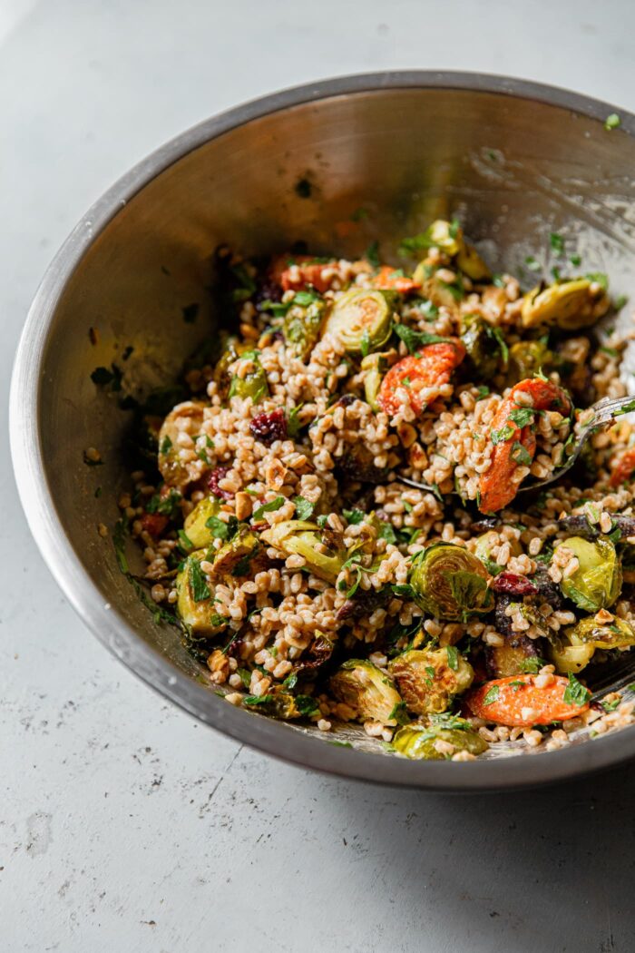 Fall Farro Salad with Maple Tahini Dressing in Bowl