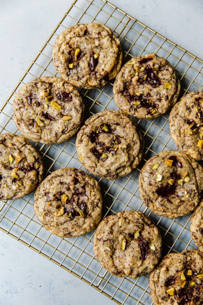 Orange Pistachio Chocolate Chunk Cookies on Rack