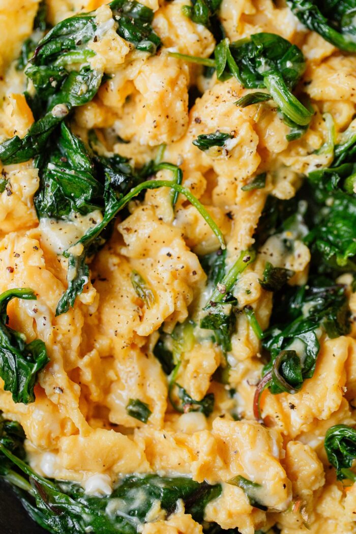 Cheesy Scrambled Eggs with Cooked Greens