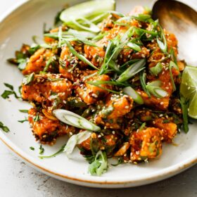 Crispy Tofu with Spicy Chili Crisp Sauce and Scallions