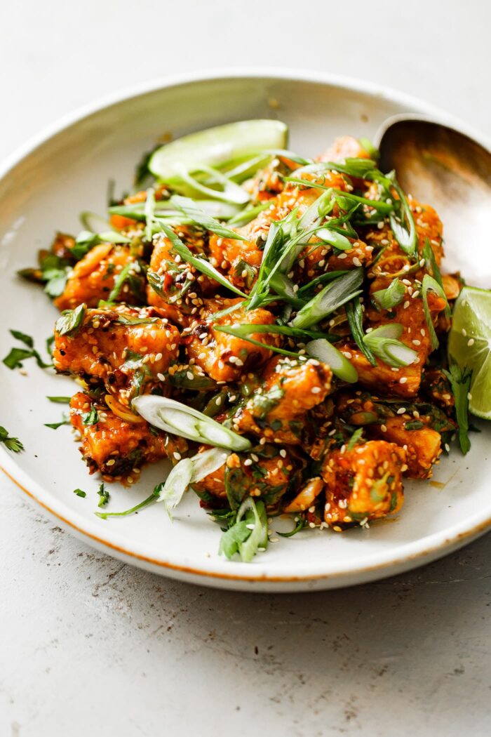 Crispy Tofu with Spicy Chili Crisp Sauce and Scallions