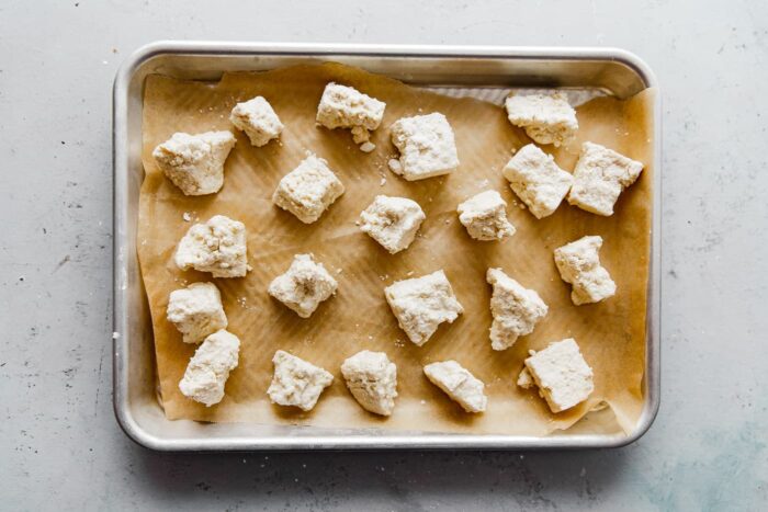 Cornstarch Tofu on Parchment Lined Baked Sheet