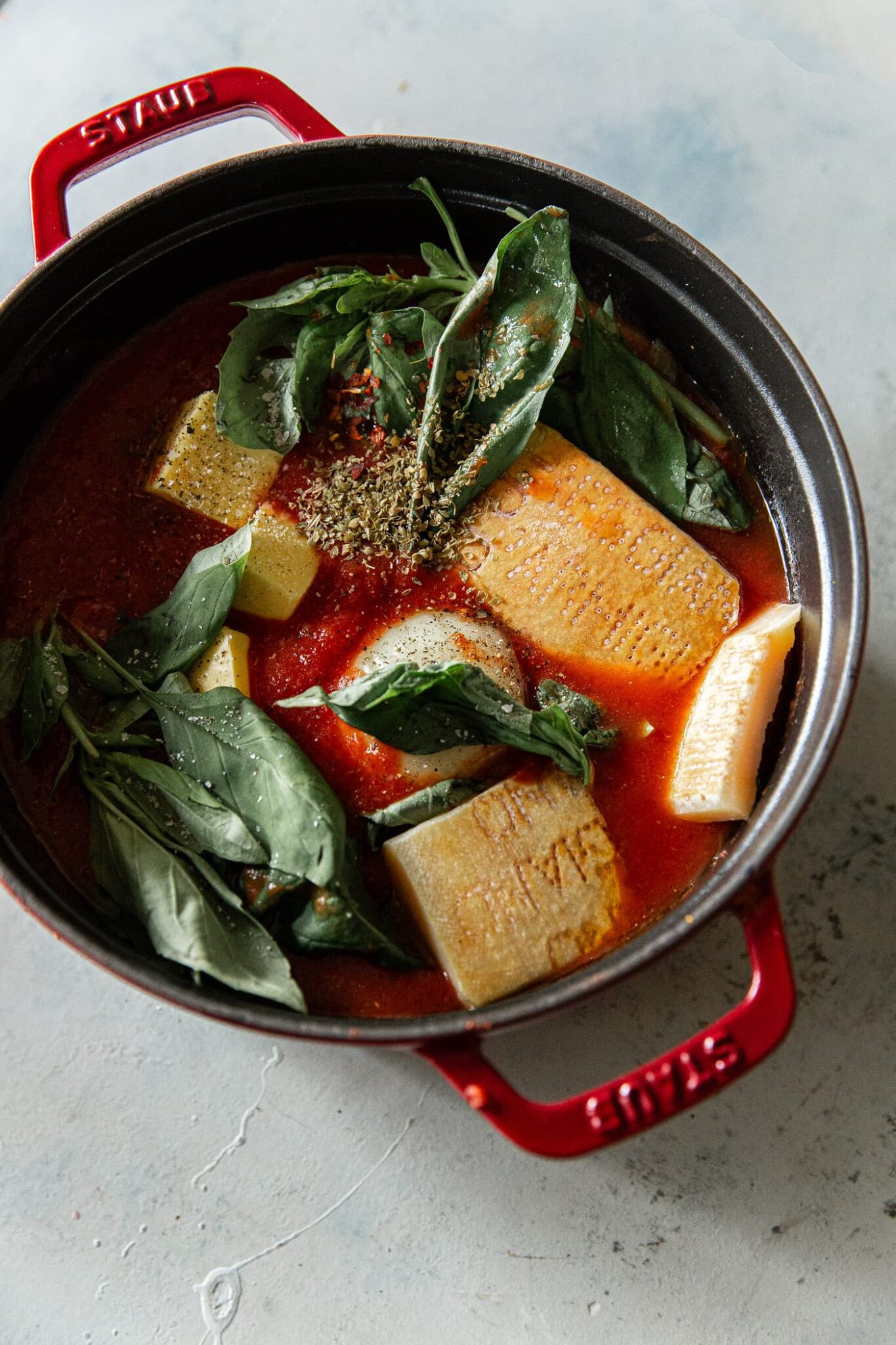 Tomato Sauce Ingredients in Dutch Oven