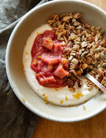 Rhubarb Compote with Yogurt and Granola in Bowl